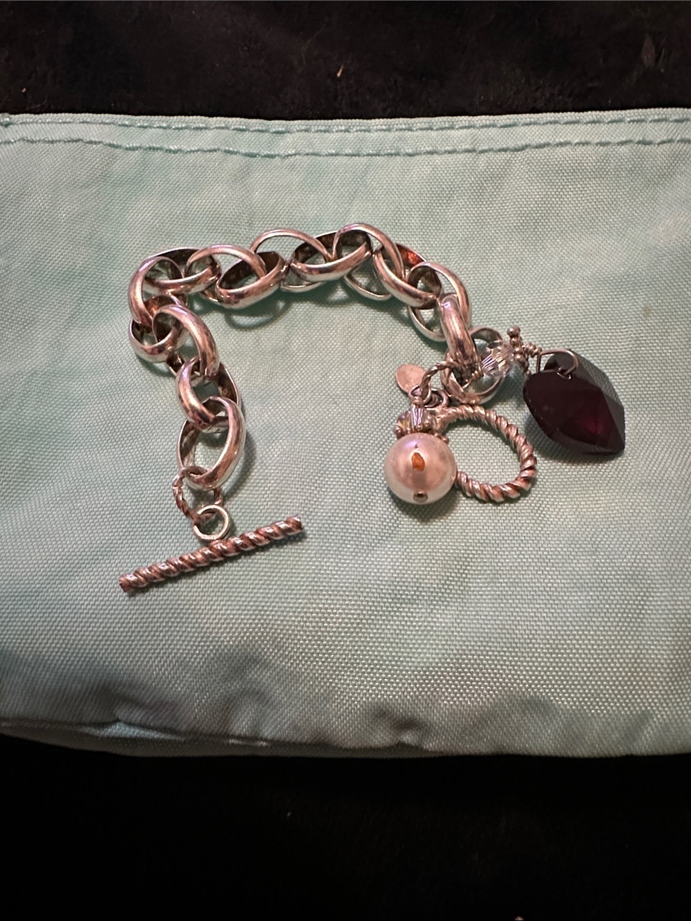 Silver Link Charm Bracelet with Pearl and Garnet-Colored Heart Drop Unique